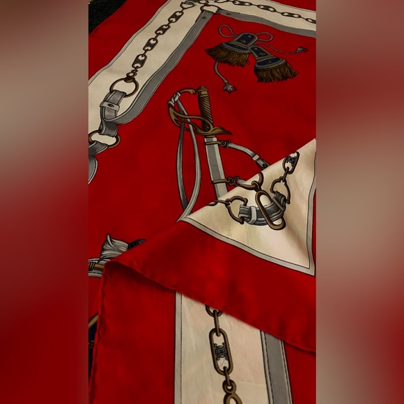 Celine Scarf. 100% Silk, Hand Rolled. Made in Italy. Equestrian Motif. - Picture 5 of 14